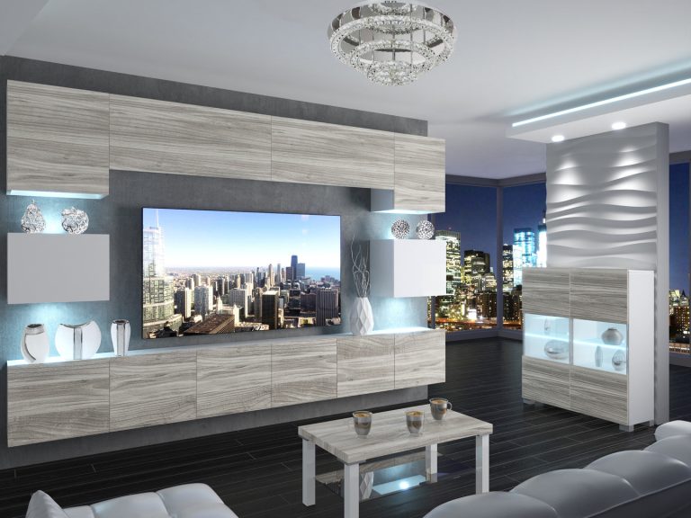 Meuble mural 300 cm Belini gris anthracite Glamour Wood / blanc brillant Imperium 3 Fabricant IMP 3/5/W/GW1WGW1/0/0