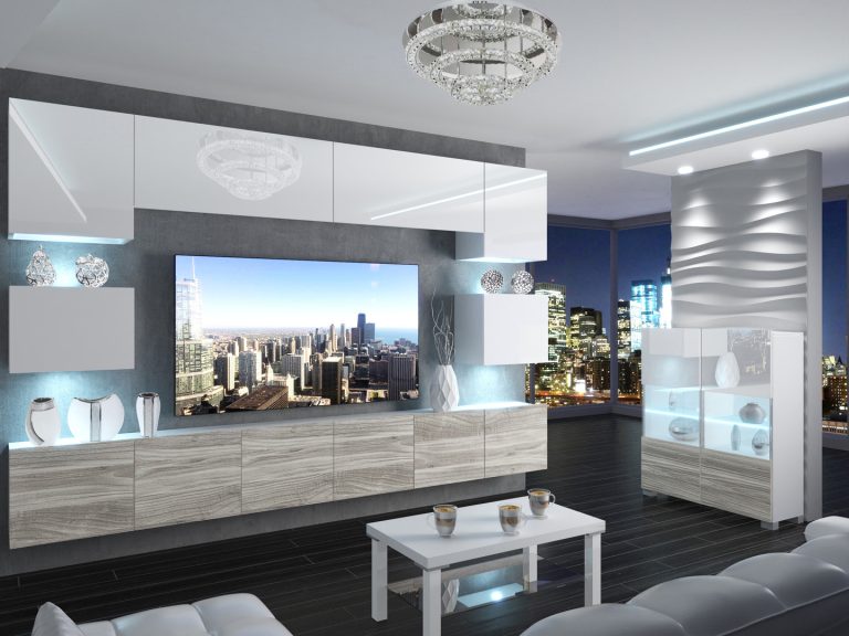 Meuble mural 300 cm Belini blanc brillant / gris anthracite Glamour Wood Imperium 3 Fabricant IMP 3/5/W/WGW1/0/0