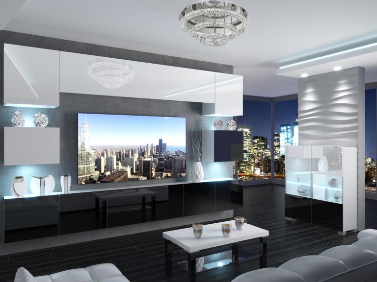 Meuble mural 300 cm Belini blanc brillant / noir brillant Imperium 3 Fabricant IMP 3/5/W/WWBB/0/0