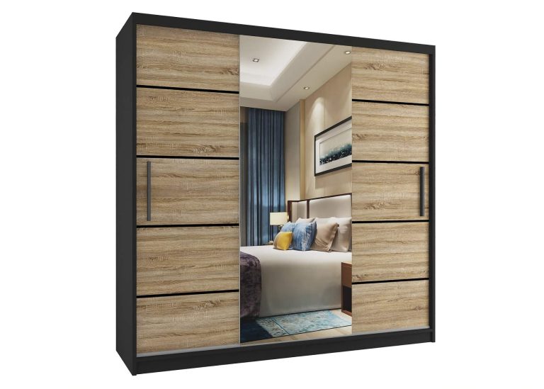 Armoire 200 cm Belini noir mat / chêne sonoma avec portes coulissantes, miroir et tiroirs Fabricant MT SZP5/1/B/DS/0/KLP