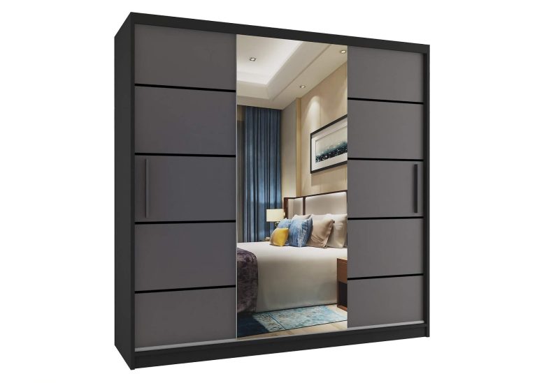 Armoire 200 cm Belini noir mat / gris mat avec portes coulissantes miroir et tiroirs Fabricant MT SZP5/1/B/SR/0/KLP