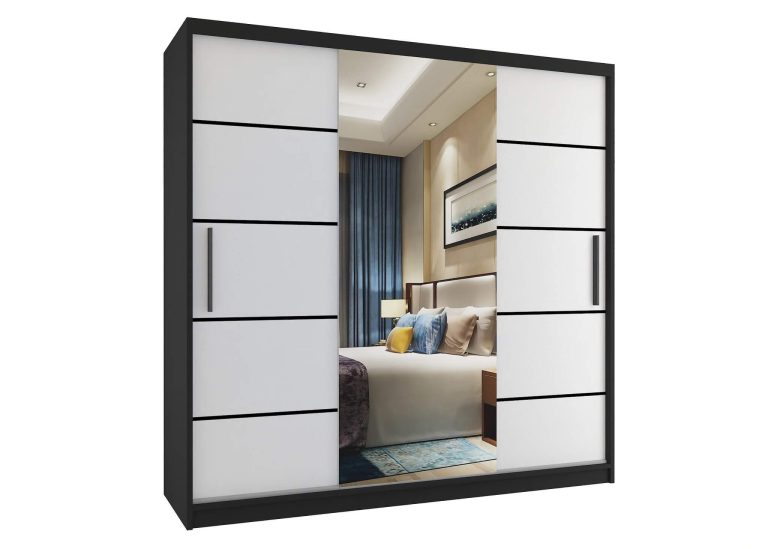 Armoire 200 cm Belini noir mat / blanc mat avec portes coulissantes, miroir et tiroirs Fabricant MT SZP5/1/B/W/0/KLP
