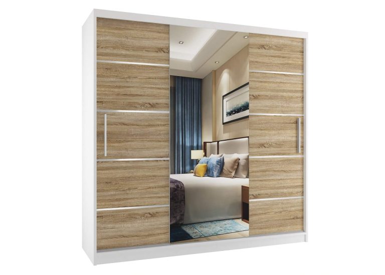 Armoire 133 cm Belini blanc mat / chêne sonoma avec portes coulissantes, miroir et tiroirs Fabricant MT SZP5/1/W/DS/0/KLAL