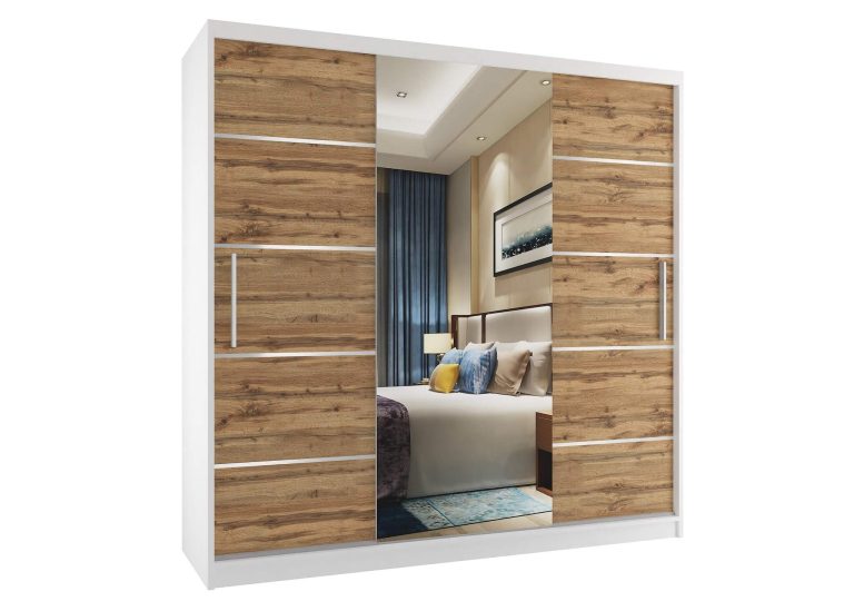 Armoire 200 cm Belini blanc mat / chêne wotan avec portes coulissantes, miroir et tiroirs Fabricant MT SZP5/1/W/DW/0/KLAL