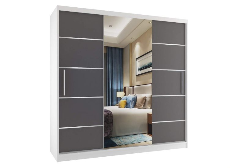 Armoire 200 cm Belini blanc mat / gris mat avec portes coulissantes miroir et tiroirs Fabricant MT SZP5/1/W/SR/0/KLAL