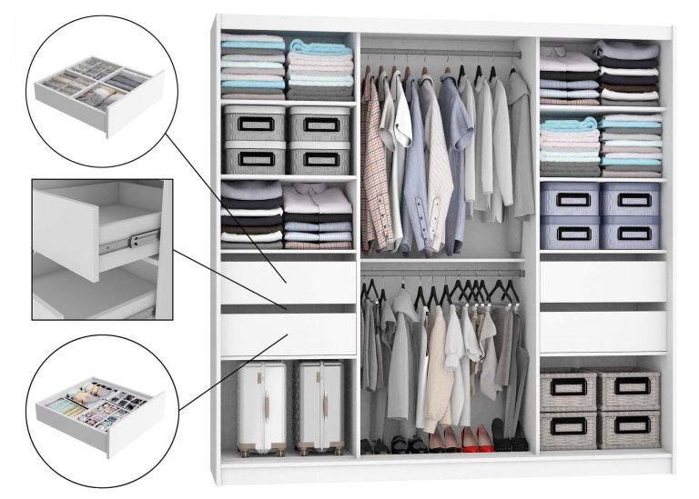 Armoire 200 cm Belini blanc mat / chêne wotan avec portes coulissantes, miroir et tiroirs Fabricant MT SZP5/1/W/DW/0/KLAL