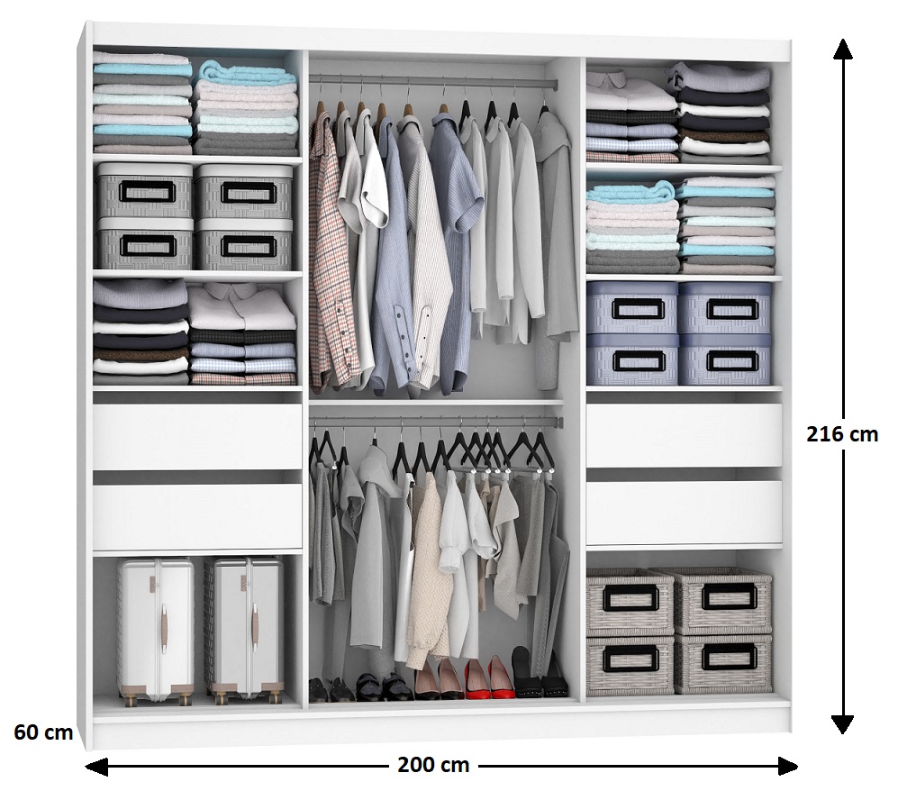Armoire 200 cm Belini blanc mat / chêne wotan avec portes coulissantes, miroir et tiroirs Fabricant MT SZP5/1/W/DW/0/KLAL