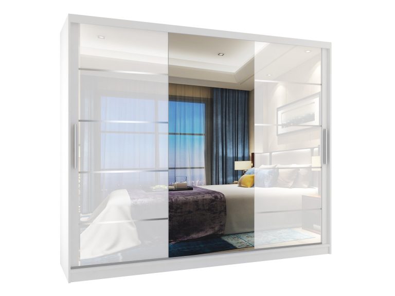 Armoire 235 cm Belini blanc mat / blanc brillant avec portes coulissantes miroir et tiroirs Fabricant MGB SZP8/0/W/2W1L/KLAL