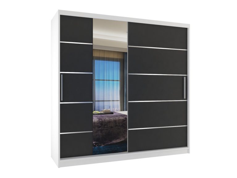 Armoire 200 cm Belini blanc mat / noir mat avec portes coulissantes miroir et tiroirs Fabricant MBP SZP5/1/W/B/0/KLAL

