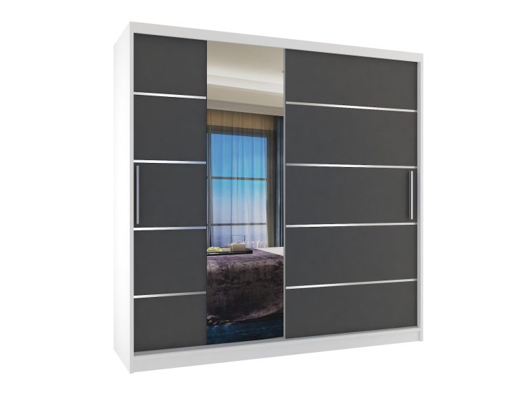 Armoire 200 cm Belini blanc mat / gris mat avec portes coulissantes miroir et tiroirs Fabricant MBP SZP5/1/W/SR/0/KLAL

