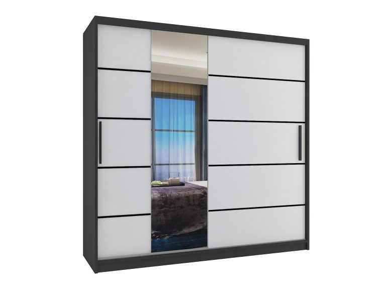 Armoire 200 cm Belini noir mat / blanc mat avec portes coulissantes, miroir et tiroirs Fabricant MBP SZP5/1/B/W/0/KLP

