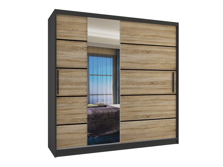 Armoire 200 cm Belini noir mat / chêne sonoma avec portes coulissantes, miroir et tiroirs Fabricant MBP SZP5/1/B/DS/0/KLP