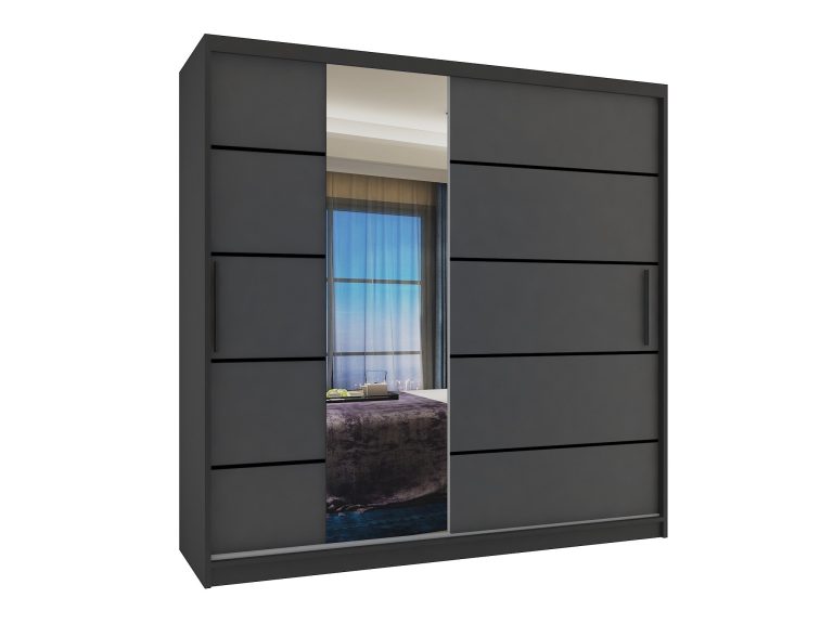 Armoire 200 cm Belini noir mat / gris mat avec portes coulissantes miroir et tiroirs Fabricant MBP SZP5/1/B/SR/0/KLP

