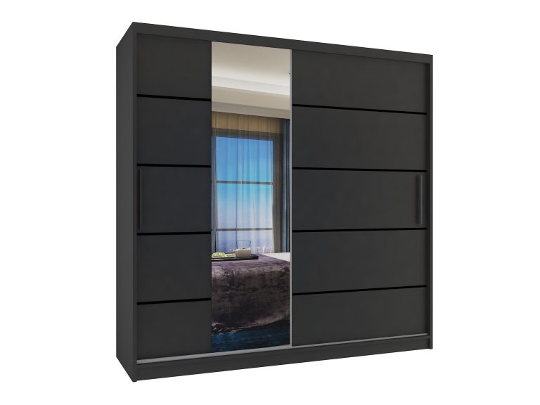 Armoire 200 cm Belini noir mat avec portes coulissantes, miroir et tiroirs Fabricant MBP SZP5/1/B/B/0/KLP

