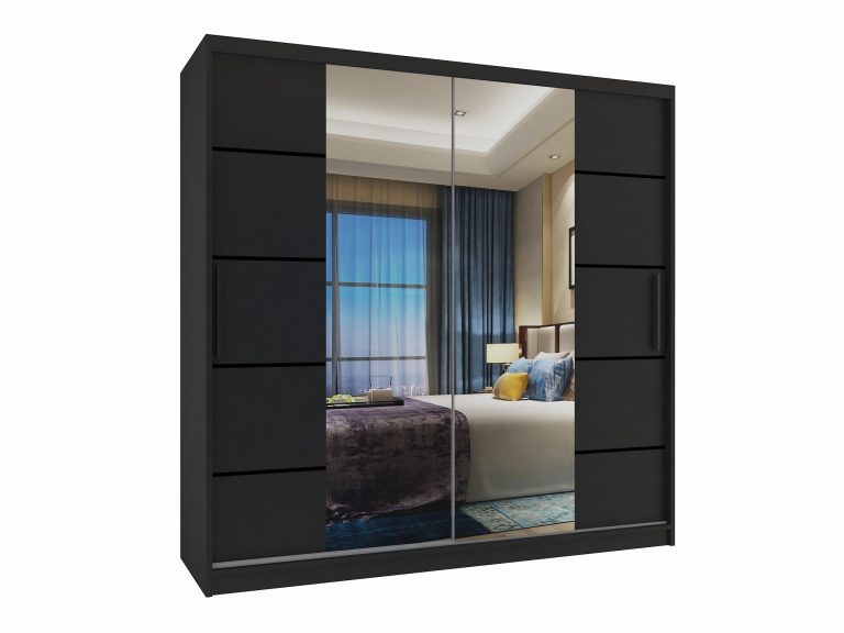Armoire 200 cm Belini noir mat avec portes coulissantes, miroir et tiroirs Fabricant ME SZP5/1/B/B/0/KLP