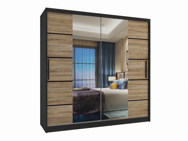 Armoire 200 cm Belini noir mat / chêne sonoma avec portes coulissantes, miroir et tiroirs Fabricant ME SZP5/1/B/DS/0/KLP

