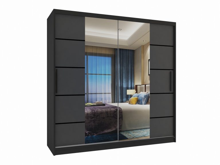 Armoire 200 cm Belini noir mat / gris mat avec portes coulissantes miroir et tiroirs Fabricant ME SZP5/1/B/SR/0/KLP

