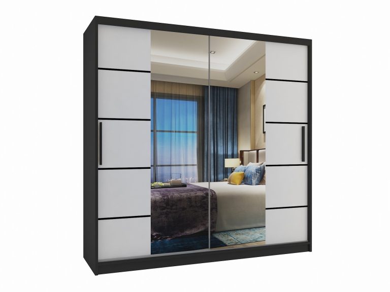 Armoire 200 cm Belini noir mat / blanc mat avec portes coulissantes miroir et tiroirs Fabricant ME SZP5/1/B/W/0/KLP
