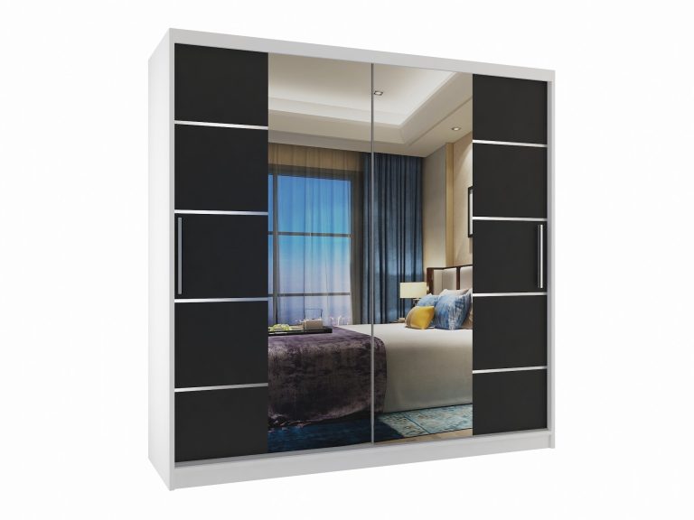 Armoire 200 cm Belini blanc mat / noir mat avec portes coulissantes miroir et tiroirs Fabricant ME SZP5/1/W/B/0/KLAL