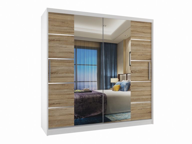 Armoire 200 cm Belini blanc mat / chêne sonoma avec portes coulissantes, miroir et tiroirs Fabricant ME SZP5/1/W/DS/0/KLAL