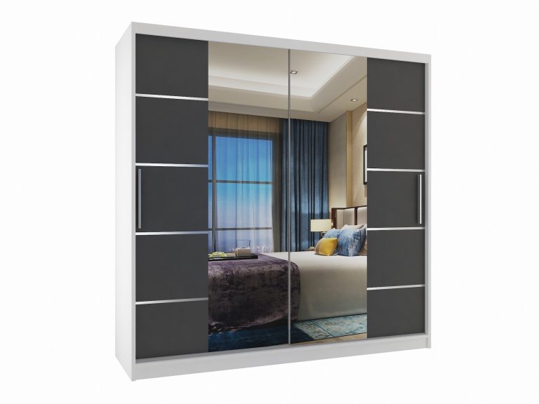 Armoire 200 cm Belini blanc mat / gris mat avec portes coulissantes miroir et tiroirs Fabricant ME SZP5/1/W/SR/0/KLAL
