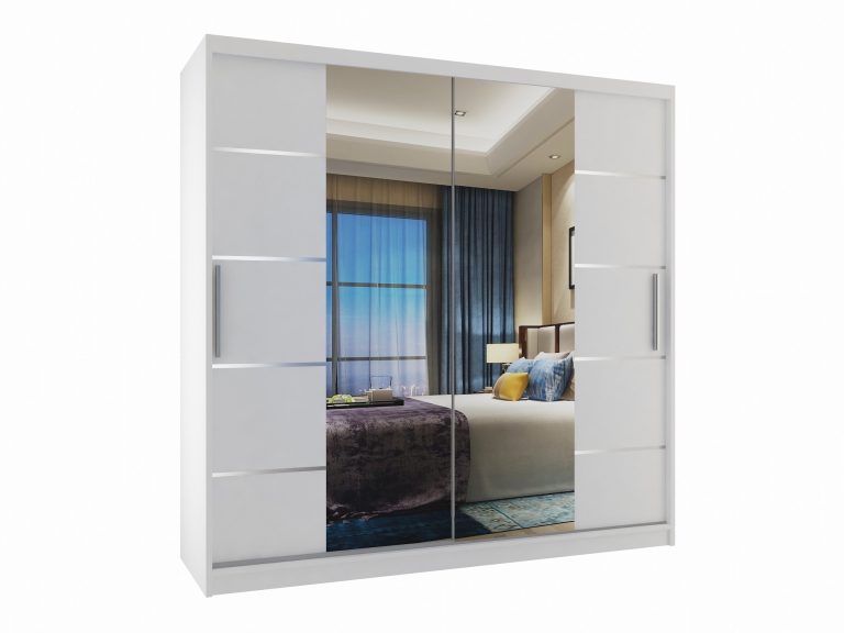 Armoire 200 cm Belini blanc mat avec portes coulissantes, miroir et tiroirs Fabricant ME SZP5/1/W/W/0/KLAL