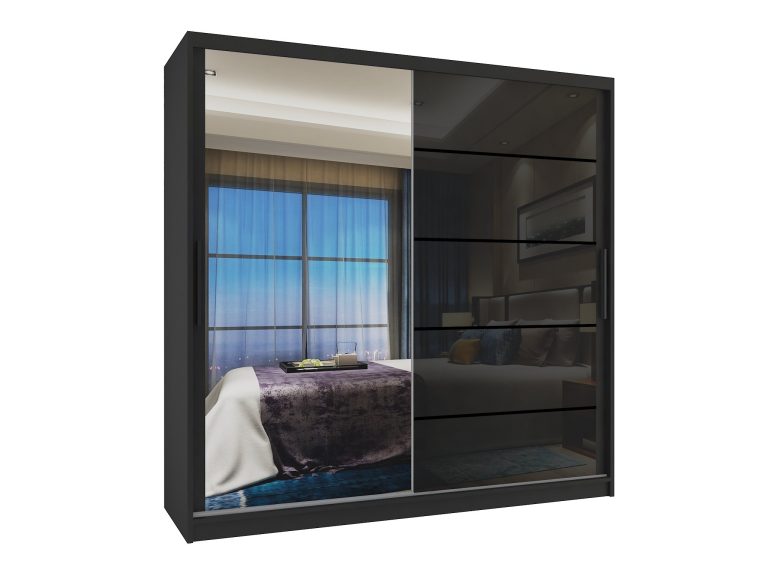 Armoire 200 cm Belini noir mat / noir brillant avec portes coulissantes miroir et tiroirs Fabricant MGB SZP5/1/B/1L5B/KLP

