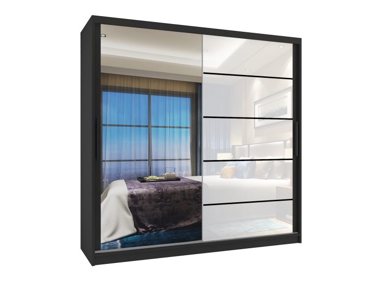 Armoire 200 cm Belini noir mat / blanc brillant avec portes coulissantes miroir et tiroirs Fabricant MGB SZP5/1/B/1L5W/KLP