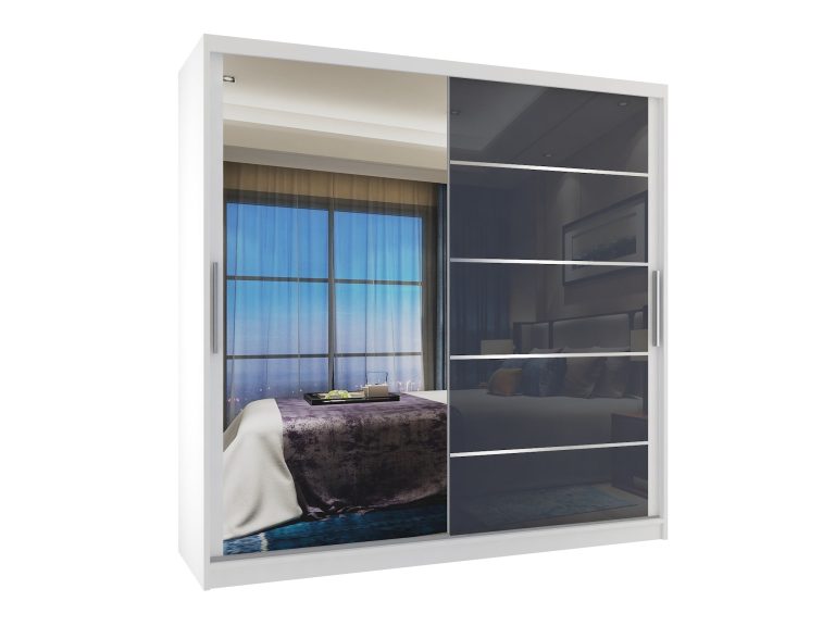 Armoire 200 cm Belini blanc mat / gris brillant avec portes coulissantes miroir et tiroirs Fabricant MGB SZP5/1/W/1L5S/KLAL
