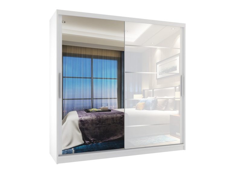 Armoire 200 cm Belini blanc mat / blanc brillant avec portes coulissantes miroir et tiroirs Fabricant MGB SZP5/1/W/1L5W/KLAL