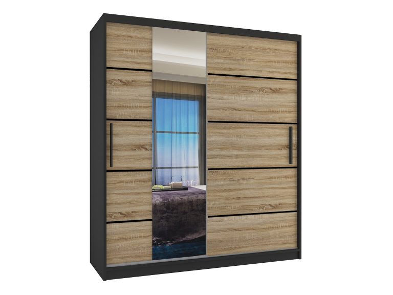 Armoire 133 cm Belini noir mat / chêne sonoma avec portes coulissantes, miroir et tiroirs Fabricant MBP SZP6/1/B/DS/0/KLP