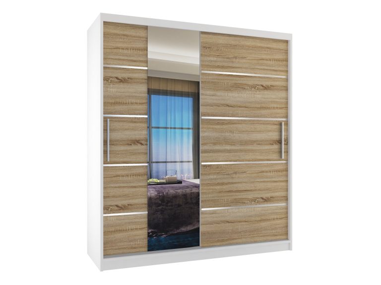 Armoire 133 cm Belini blanc mat / chêne sonoma avec portes coulissantes, miroir et tiroirs Fabricant MBP SZP6/1/W/DS/0/KLAL