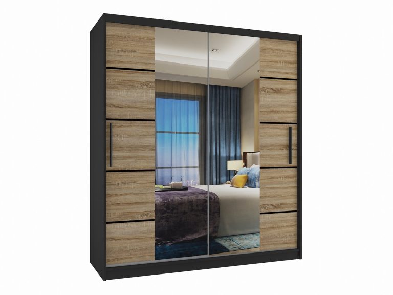 Armoire 133 cm Belini noir mat / chêne sonoma avec portes coulissantes, miroir et tiroirs Fabricant ME SZP6/1/B/DS/0/KLP