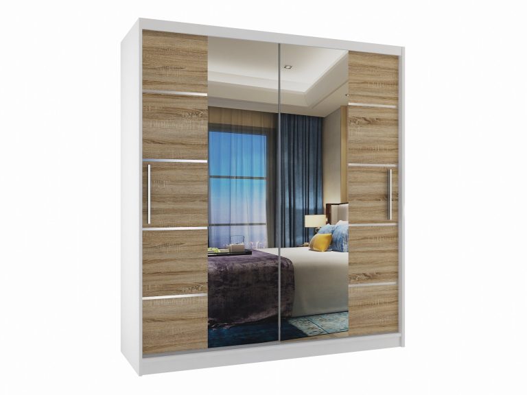 Armoire 133 cm Belini blanc mat / chêne sonoma avec portes coulissantes, miroir et tiroirs Fabricant ME SZP6/1/W/DS/0/KLAL