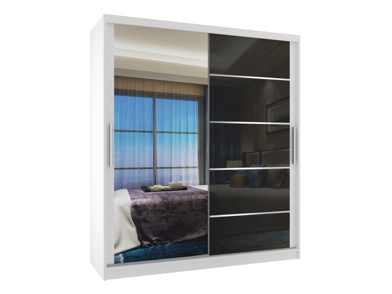 Armoire coulissante 133 cm PREMIUM AVEC TIROIRS et miroir noir brillant Fabricant MGB SZP6/1/W/1L5B/KLAL