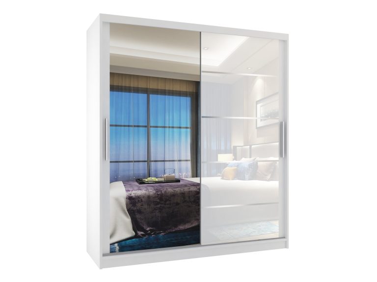 Armoire coulissante 133 cm PREMIUM AVEC TIROIRS et miroir blanc brillant Fabricant MGB SZP6/1/W/1L5W/KLAL