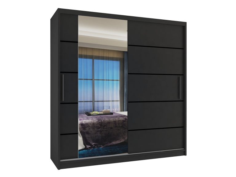 Armoire 158 cm Belini noir mat avec portes coulissantes, miroir et tiroirs Fabricant MBP SZP7/0/B/B/0/KLP