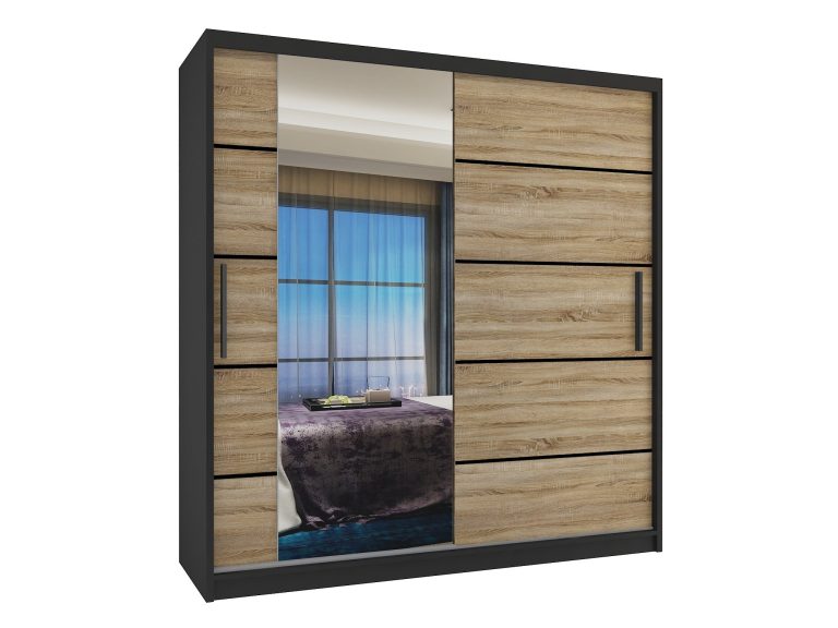 Armoire 158 cm Belini noir mat / chêne sonoma avec portes coulissantes, miroir et tiroirs Fabricant MBP SZP7/0/B/DS/0/KLP