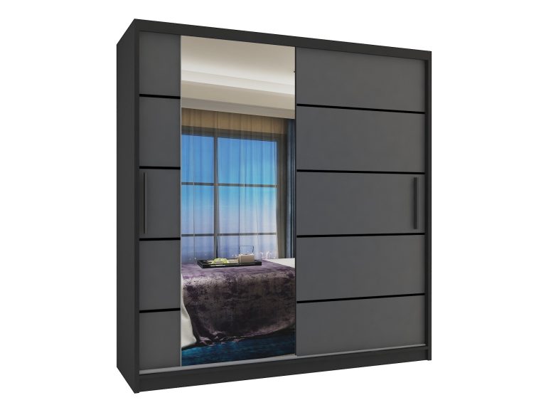 Armoire 158 cm Belini noir mat / gris mat avec portes coulissantes miroir et tiroirs Fabricant MBP SZP7/0/B/SR/0/KLP