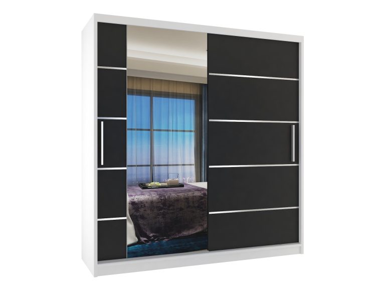 Armoire 158 cm Belini blanc mat / noir mat avec portes coulissantes miroir et tiroirs Fabricant MBP SZP7/0/W/B/0/KLAL