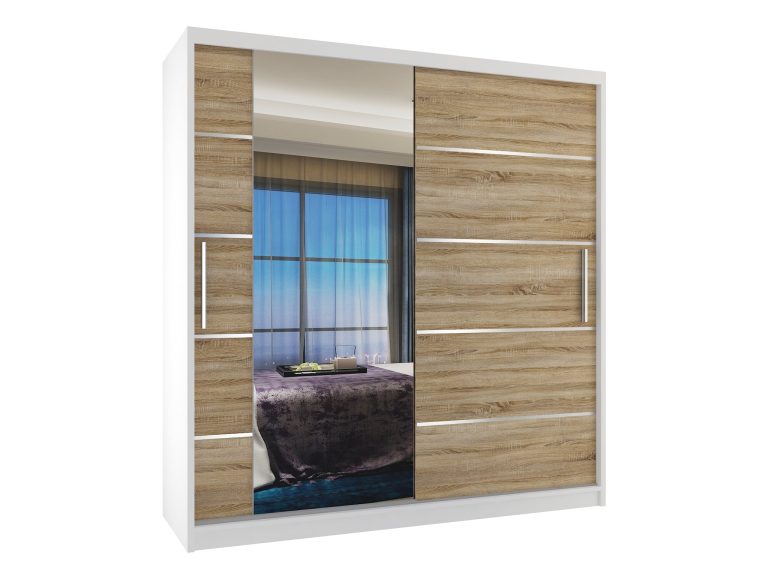 Armoire 158 cm Belini blanc mat / chêne sonoma avec portes coulissantes, miroir et tiroirs Fabricant MBP SZP7/0/W/DS/0/KLAL