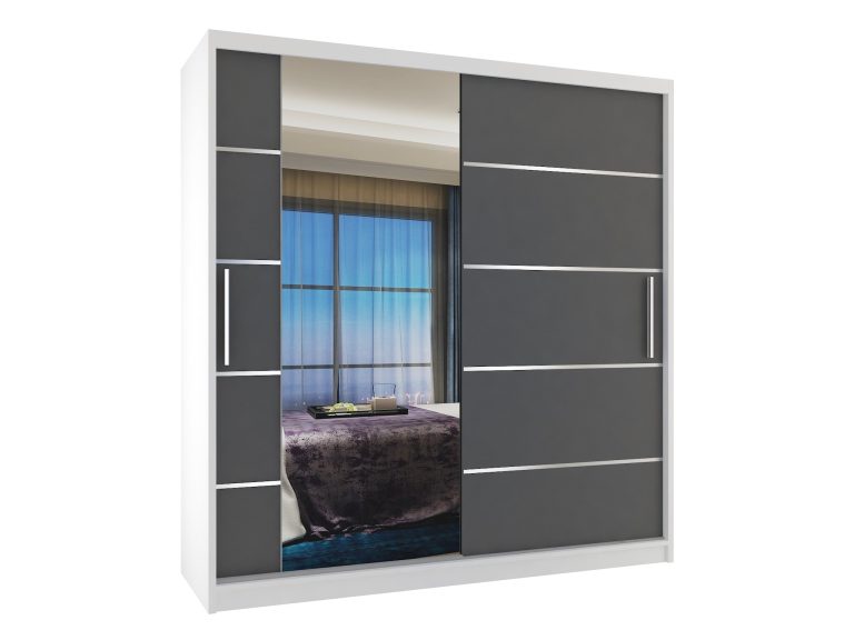 Armoire 158 cm Belini blanc mat / gris mat avec portes coulissantes miroir et tiroirs Fabricant MBP SZP7/0/W/SR/0/KLAL