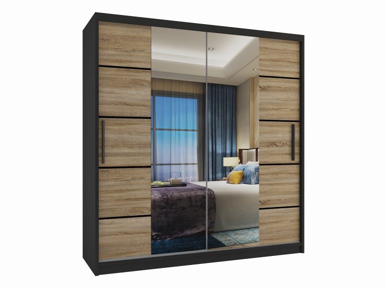 Armoire 158 cm Belini noir mat / chêne sonoma avec portes coulissantes, miroir et tiroirs Fabricant ME SZP7/0/B/DS/0/KLP