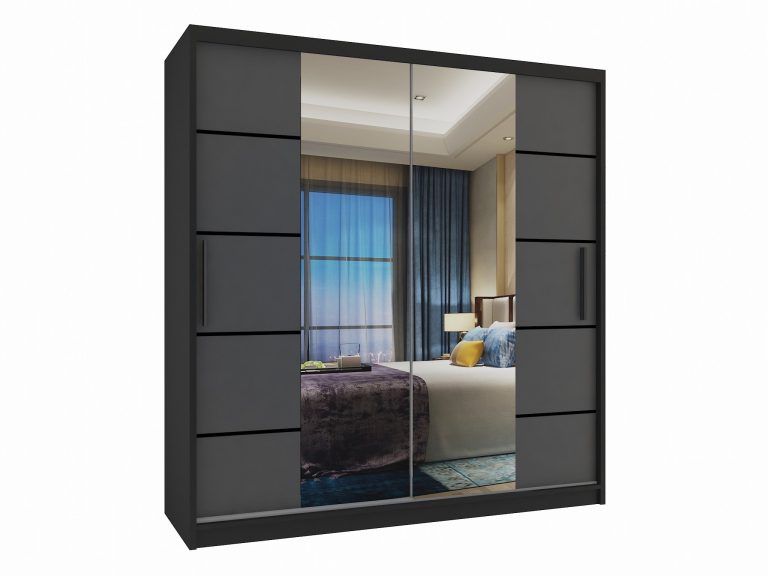 Armoire 158 cm Belini noir mat / gris mat avec portes coulissantes miroir et tiroirs Fabricant ME SZP7/0/B/SR/0/KLP
