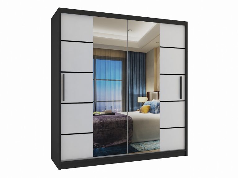 Armoire 158 cm Belini noir mat / blanc mat avec portes coulissantes miroir et tiroirs Fabricant ME SZP7/0/B/W/0/KLP