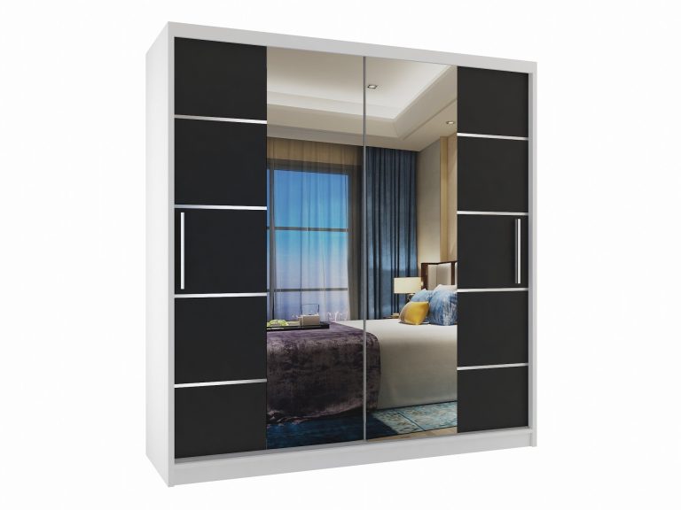 Armoire 158 cm Belini blanc mat / noir mat avec portes coulissantes miroir et tiroirs Fabricant ME SZP7/0/W/B/0/KLAL