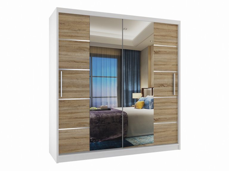 Armoire 158 cm Belini blanc mat / chêne sonoma avec portes coulissantes, miroir et tiroirs Fabricant ME SZP7/0/W/DS/0/KLAL