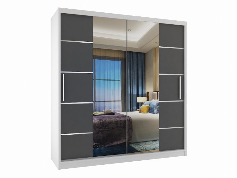 Armoire 158 cm Belini blanc mat / gris mat avec portes coulissantes miroir et tiroirs Fabricant ME SZP7/0/W/SR/0/KLAL