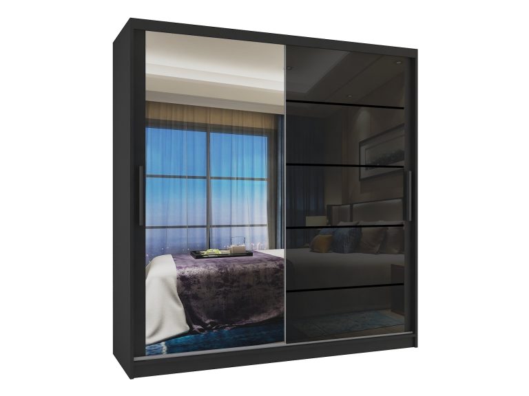 Armoire 158 cm Belini noir mat / noir brillant avec portes coulissantes miroir et tiroirs Fabricant MGB SZP7/0/B/1L5B/KLP
