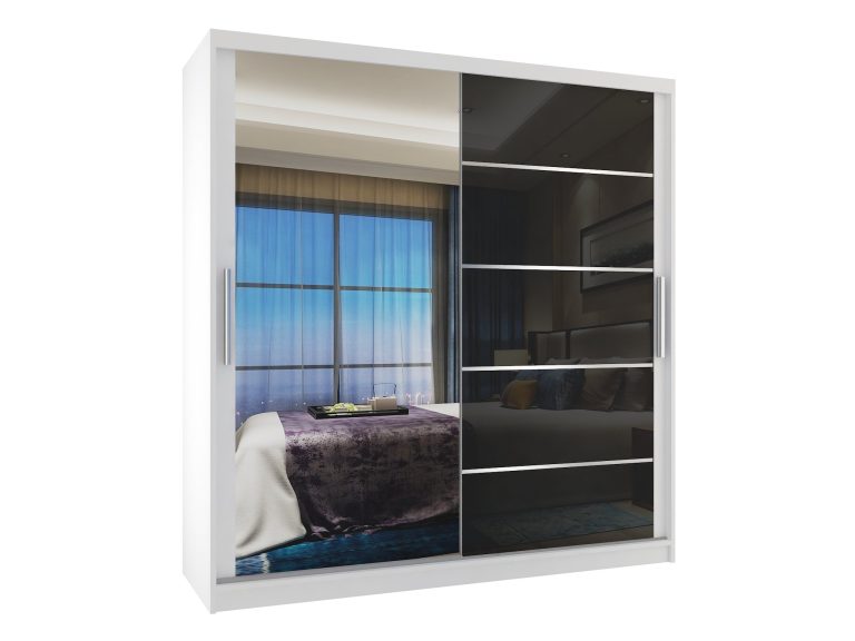 Armoire 158 cm Belini blanc mat / noir brillant avec portes coulissantes miroir et tiroirs Fabricant MGB SZP7/0/W/1L5B/KLAL